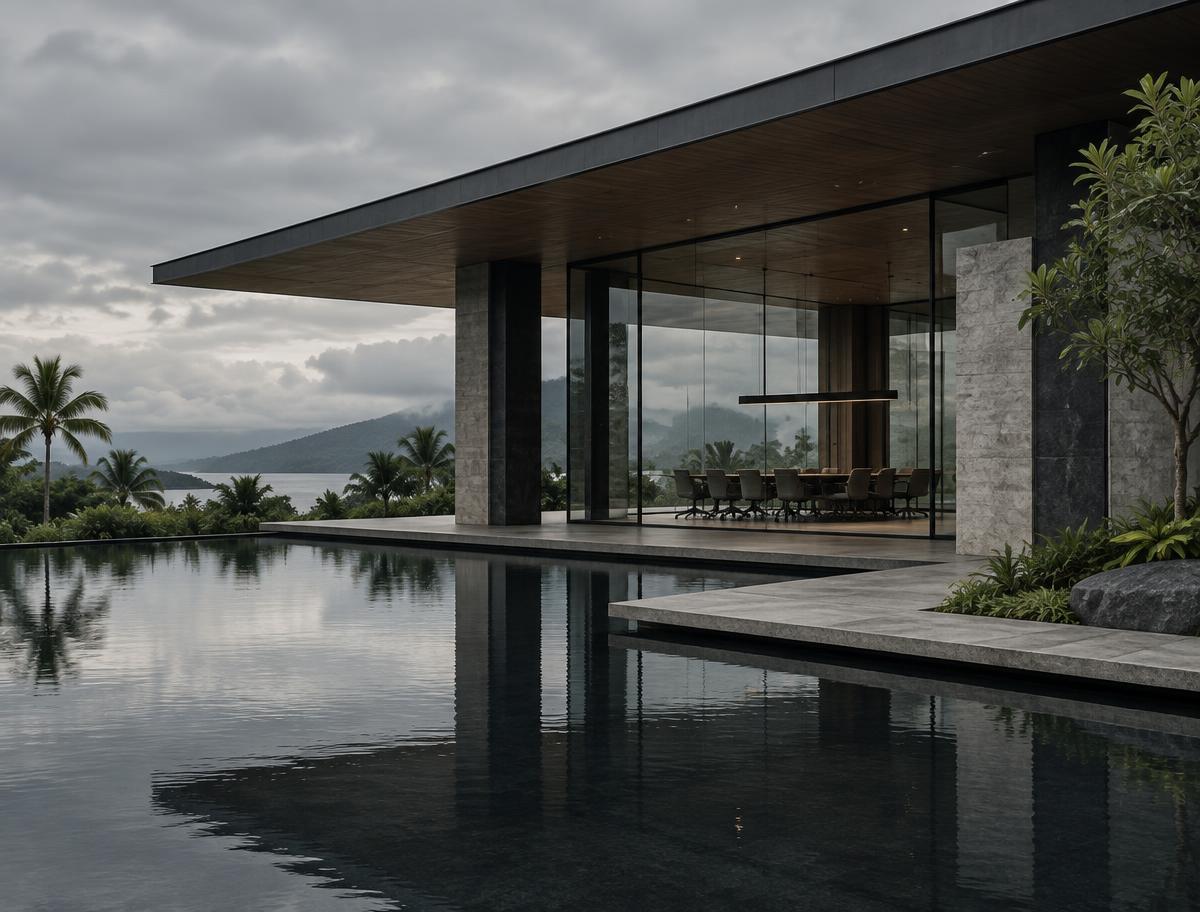 Contemporary private retreat pavilion overlooking calm water