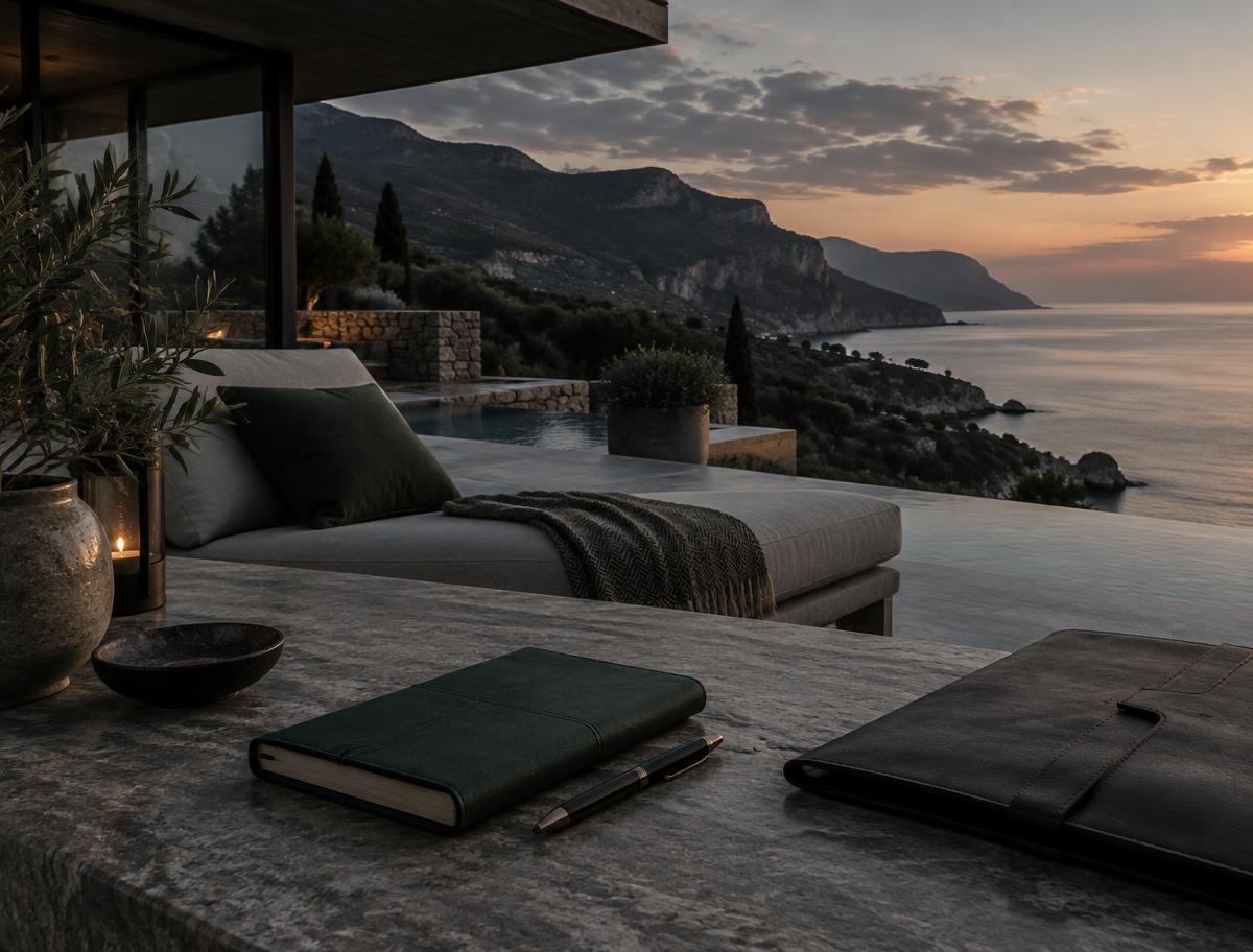 Private coastal villa terrace prepared for journey planning